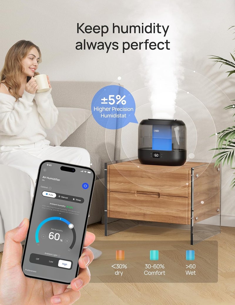 Dreo Smart Humidifiers for Bedroom, Top Fill 4L Supersized Humidifier Large Room with 28 dB, 36H Runtime, Touch/APP/Voice Control, Nightlight, Cool Mist Humidifiers for Baby, Plants, Indoor, Black - Image 3
